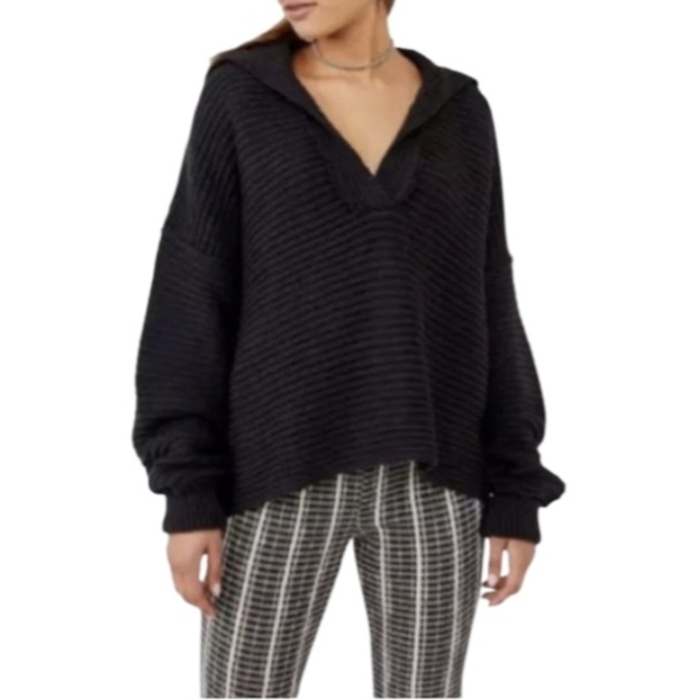 Free People Marlie Deep V Neck Ribbed Black Oversized Boho Slouchy Sweater SZ XS